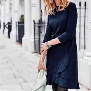 NWT J.Jill Ponte Navy Blue Dress size S front Ruffle Stretchy jersey Knit